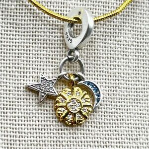 NWOT Sterling silver 18k gold plated sun, moon and star necklace pendant 18”